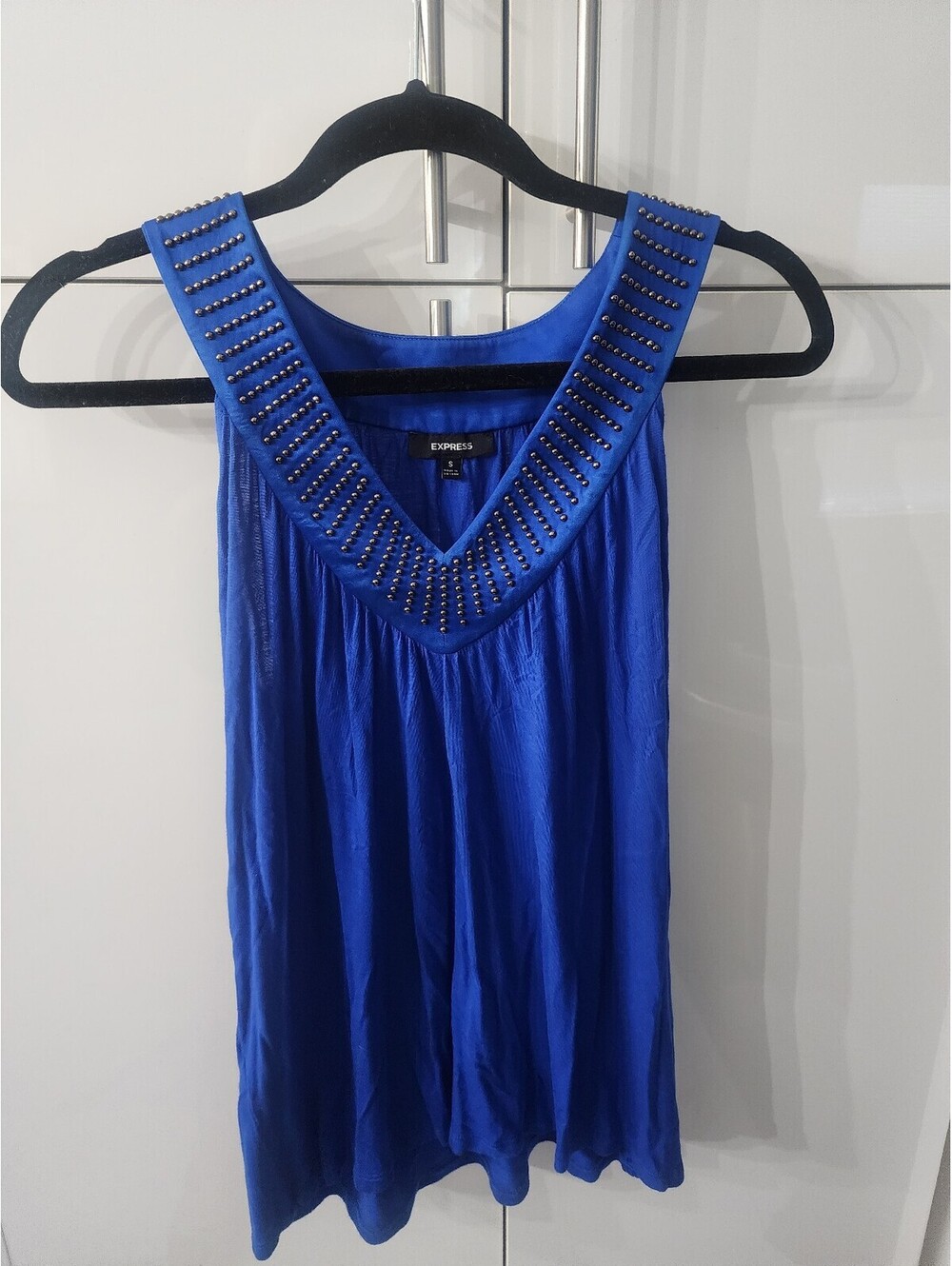 Express Women's Blue Sleeveless Studded V-Neck Top Size s